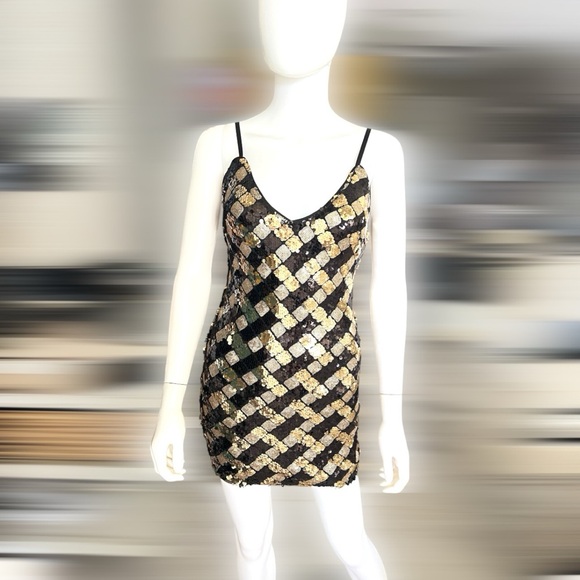 QUII Beautiful black and gold sequin mini dress sz S M L - Picture 3 of 6